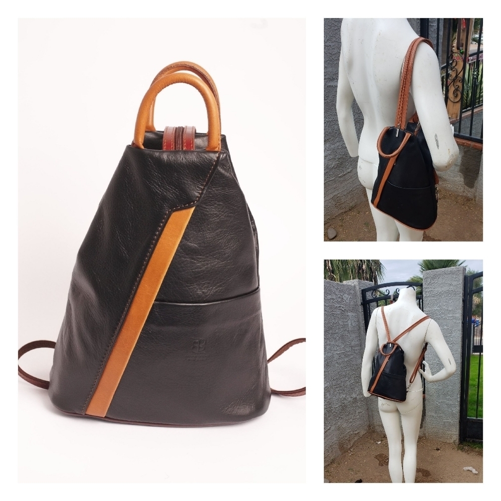 Black Leather Backpack with Tan Trim - Women’s Convertible Backpack